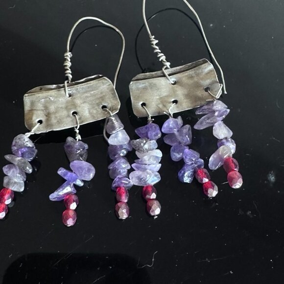 Amethyst Gemstone Purple Sterling Silver 925 Earrings Handmade Rustic Scrap - Picture 8 of 9